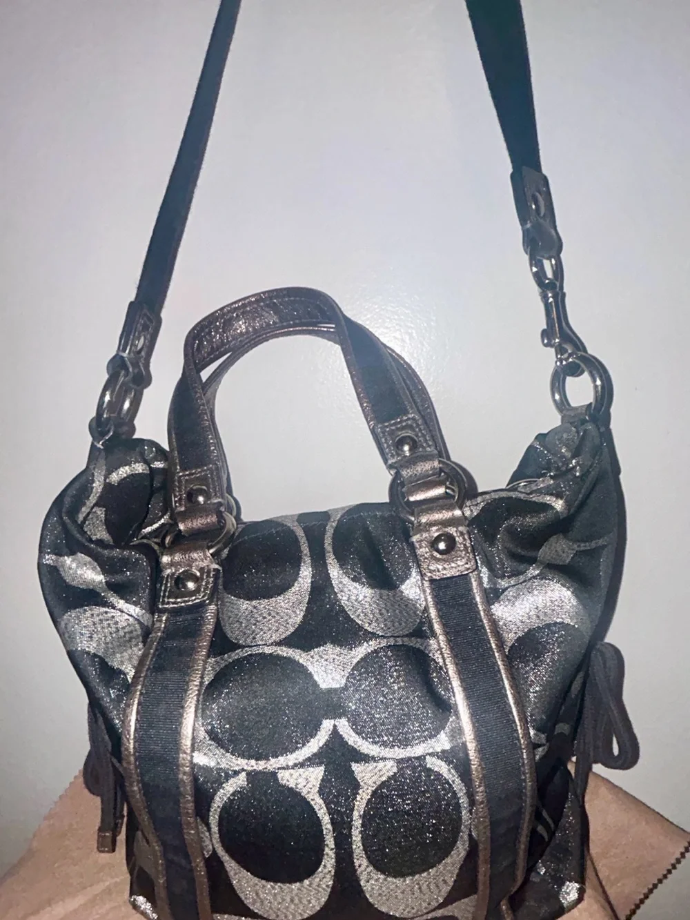 Coach Poppy Black & Silver Metallic Leather Satchel Tote Bag. ECU! Y2K